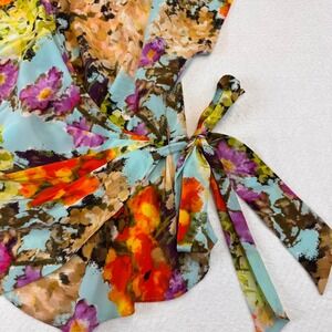 LAFAYETTE 148 NEW YORK Floral Wrap Top Silk Blue Pink Orange Women's Size 16